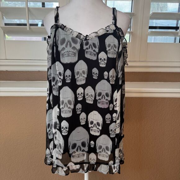 Tripp NYC Size 2X Ruffle Skull Print Tank Top Black Semi Sheer Goth Punk Emo - Picture 1 of 8